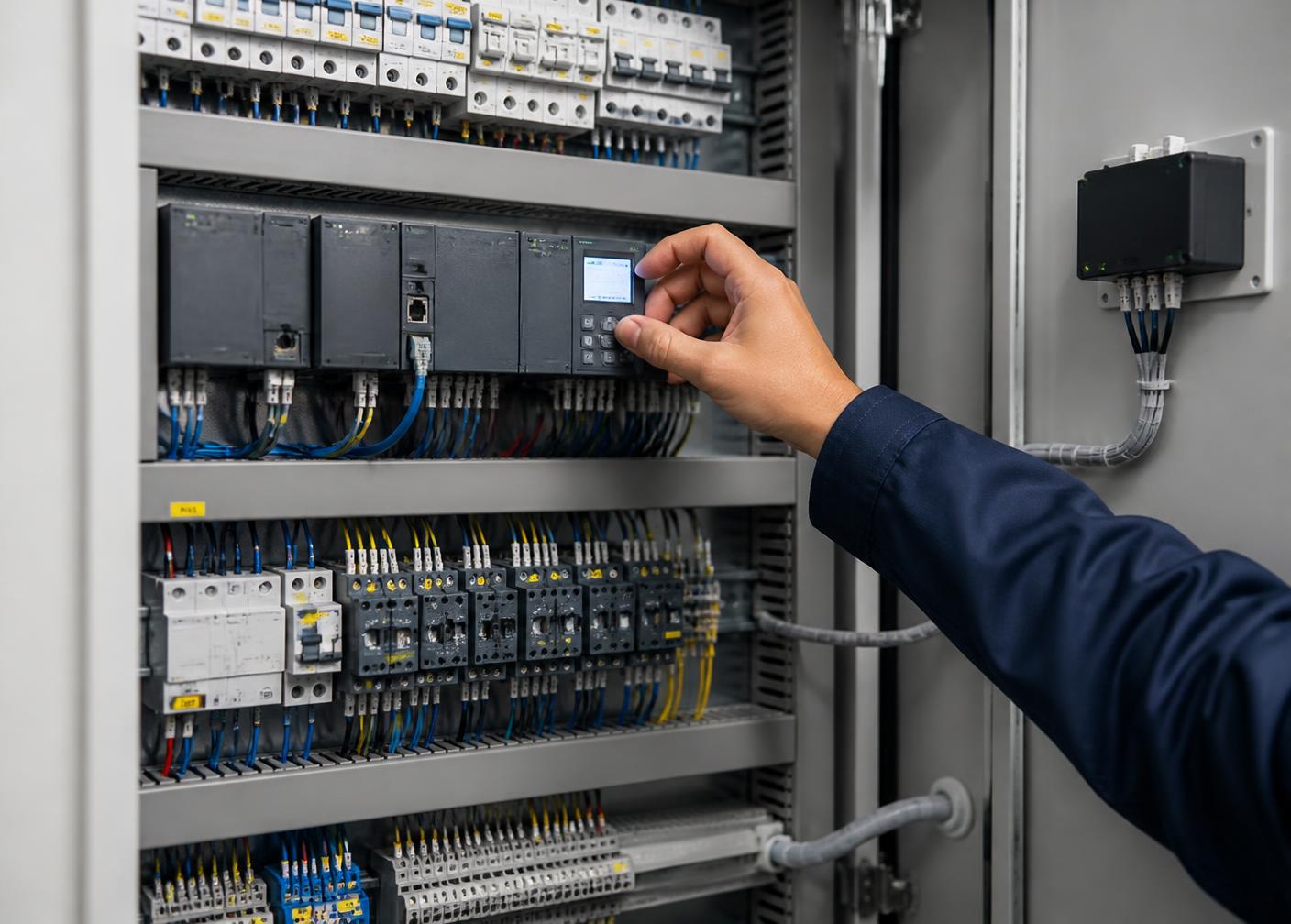Painel de automação com controladores, disjuntores e contatores