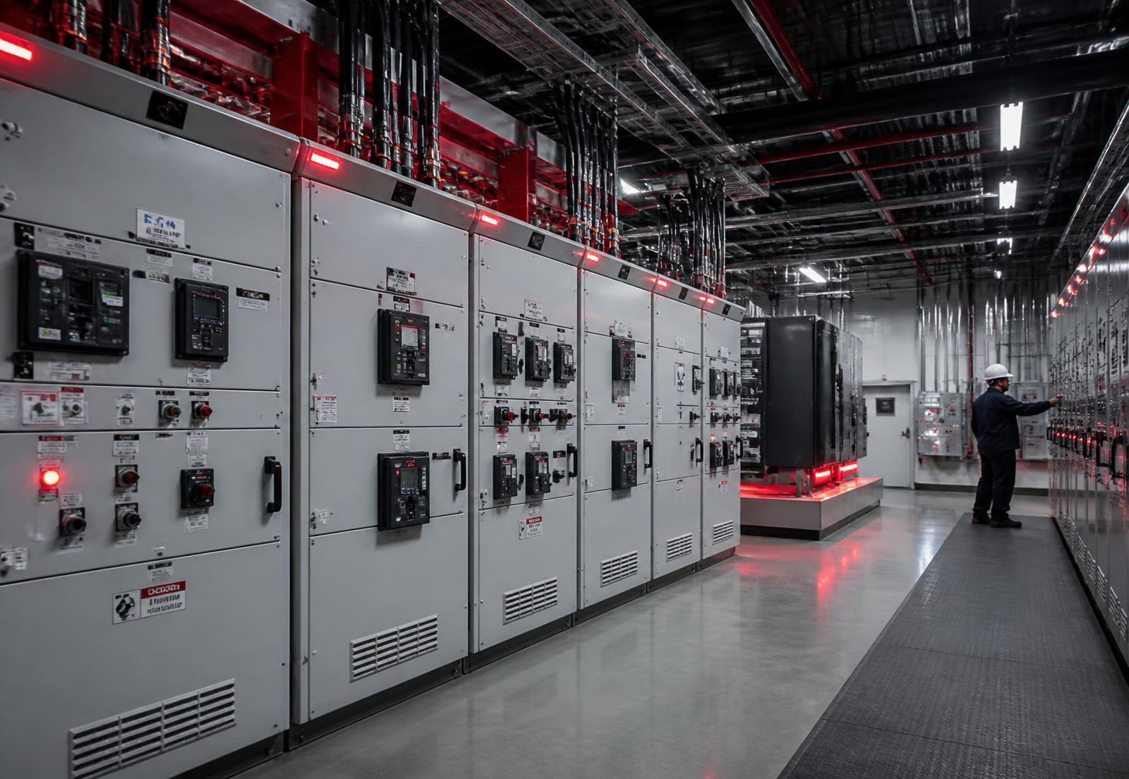 Sala de painéis elétricos e infraestrutura de energia em ambiente industrial